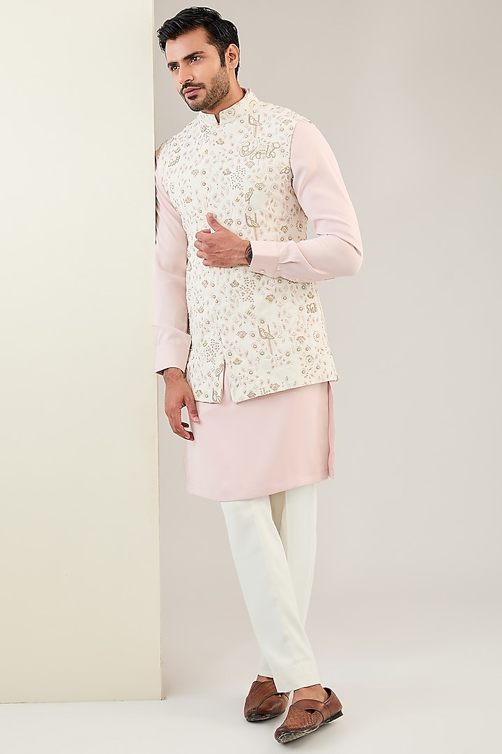 Ivory Viscose Suiting Knit Embroidered Nehru Jacket Set by Qbik Men