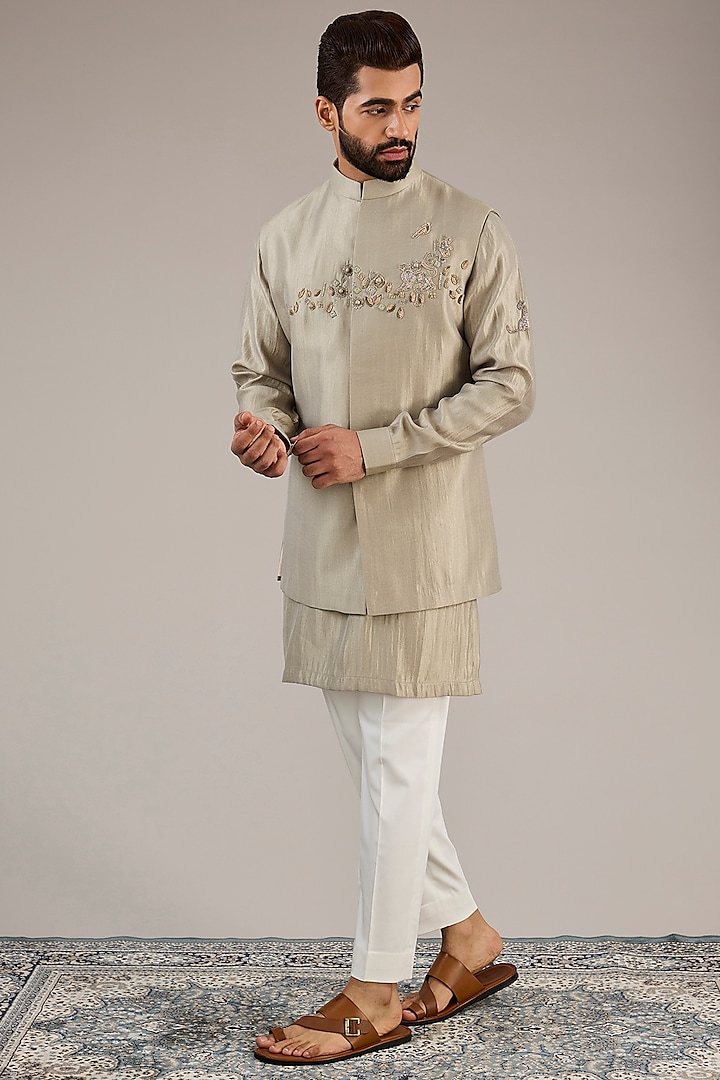 Sage Green Silk Chanderi Nehru Jacket Set by Qbik Men