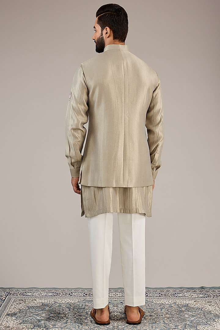 Sage Green Silk Chanderi Nehru Jacket Set by Qbik Men at Pernia's Pop Up Shop