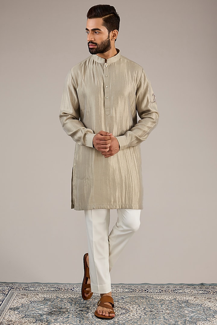 Sage Green Silk Chanderi Nehru Jacket Set by Qbik Men at Pernia's Pop Up Shop