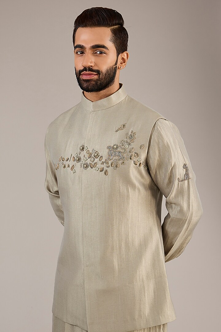Sage Green Silk Chanderi Nehru Jacket Set by Qbik Men at Pernia's Pop Up Shop