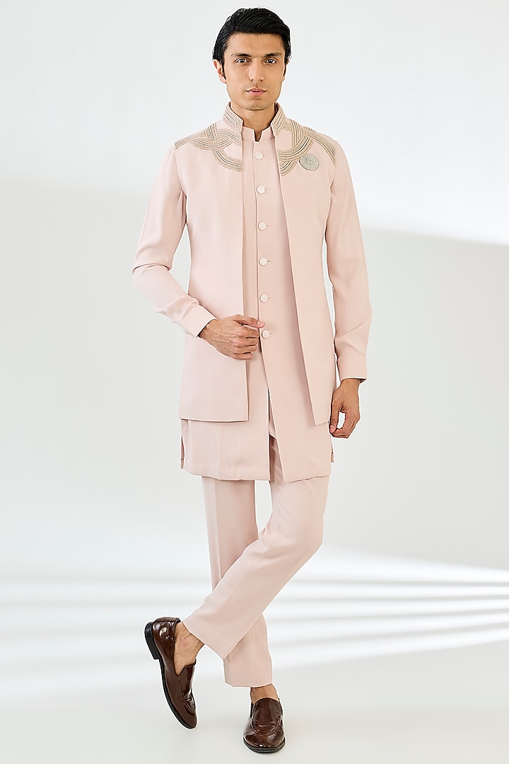 Pink Viscose Suiting Knit Embellished Indo-Western Jacket Set by Qbik Men