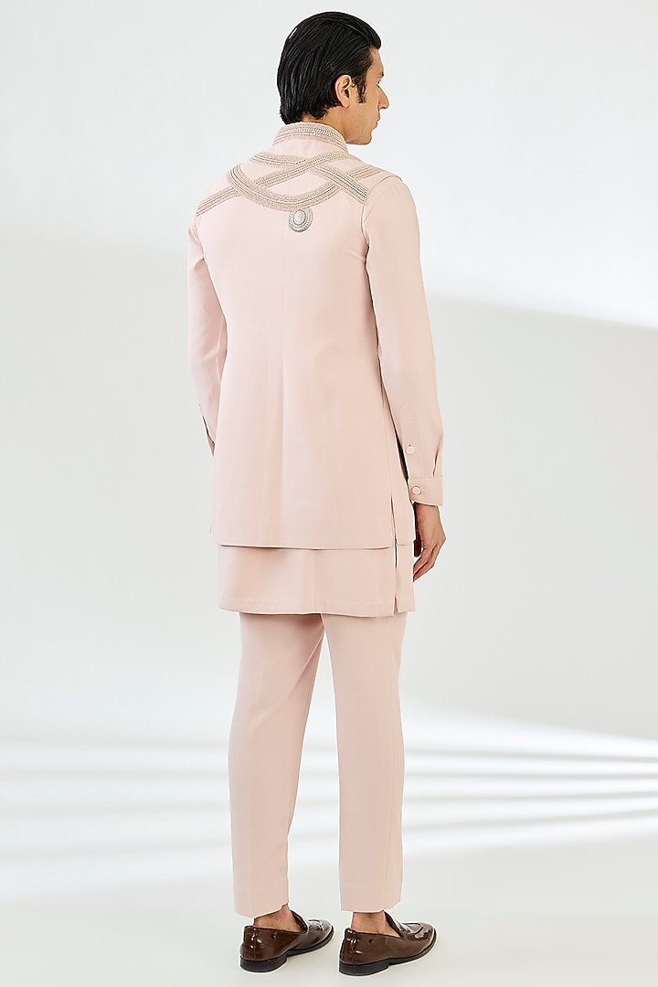 Pink Viscose Suiting Knit Embellished Indo-Western Jacket Set by Qbik Men at Pernia's Pop Up Shop