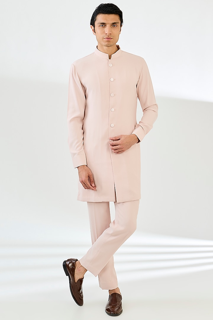 Pink Viscose Suiting Knit Embellished Indo-Western Jacket Set by Qbik Men at Pernia's Pop Up Shop