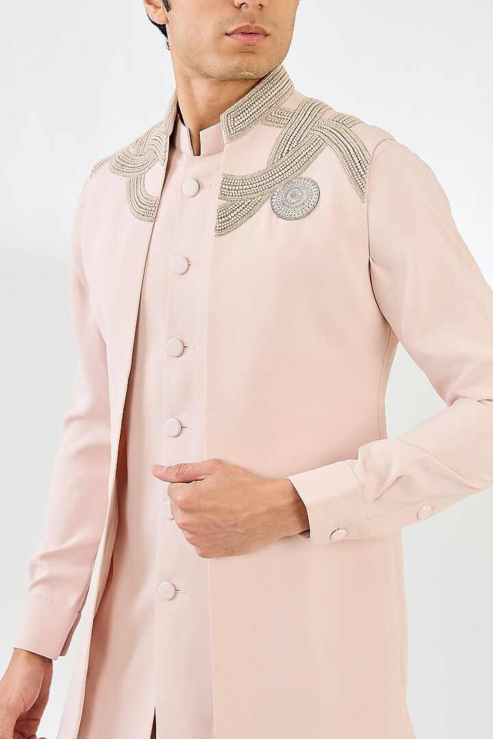 Pink Viscose Suiting Knit Embellished Indo-Western Jacket Set by Qbik Men at Pernia's Pop Up Shop