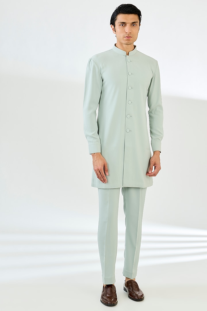 Mint Viscose Suiting Knit Artwork Nehru Jacket Set by Qbik Men at Pernia's Pop Up Shop