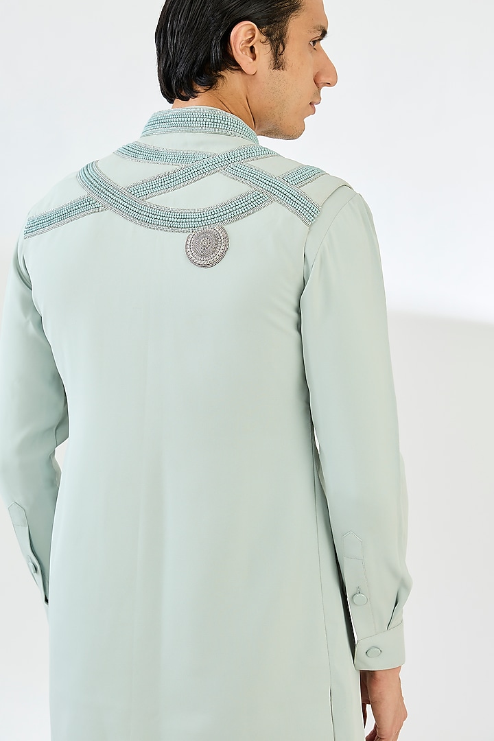 Mint Viscose Suiting Knit Artwork Nehru Jacket Set by Qbik Men at Pernia's Pop Up Shop