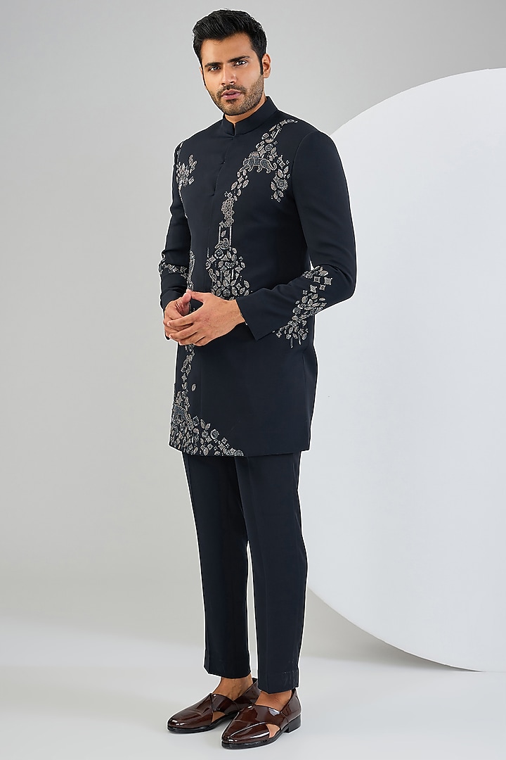 Navy Blue Viscose Suiting Knit Artwork Indowestern Set by Qbik Men at Pernia's Pop Up Shop