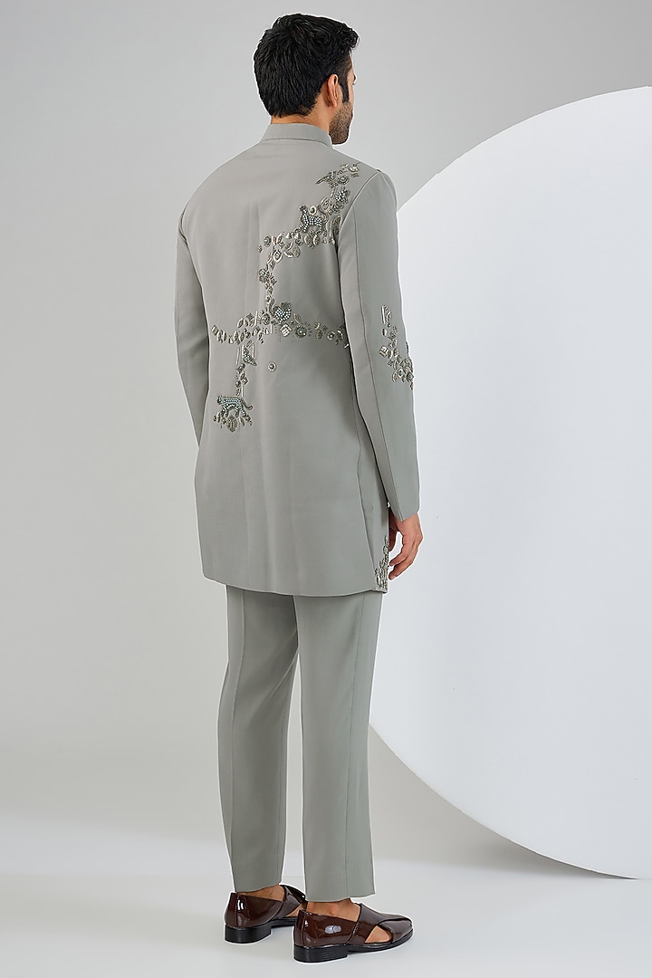 Grey Viscose Suiting Knit Artwork Groom Indowestern Set by Qbik Men at Pernia's Pop Up Shop