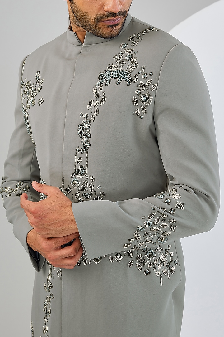 Grey Viscose Suiting Knit Artwork Groom Indowestern Set by Qbik Men at Pernia's Pop Up Shop