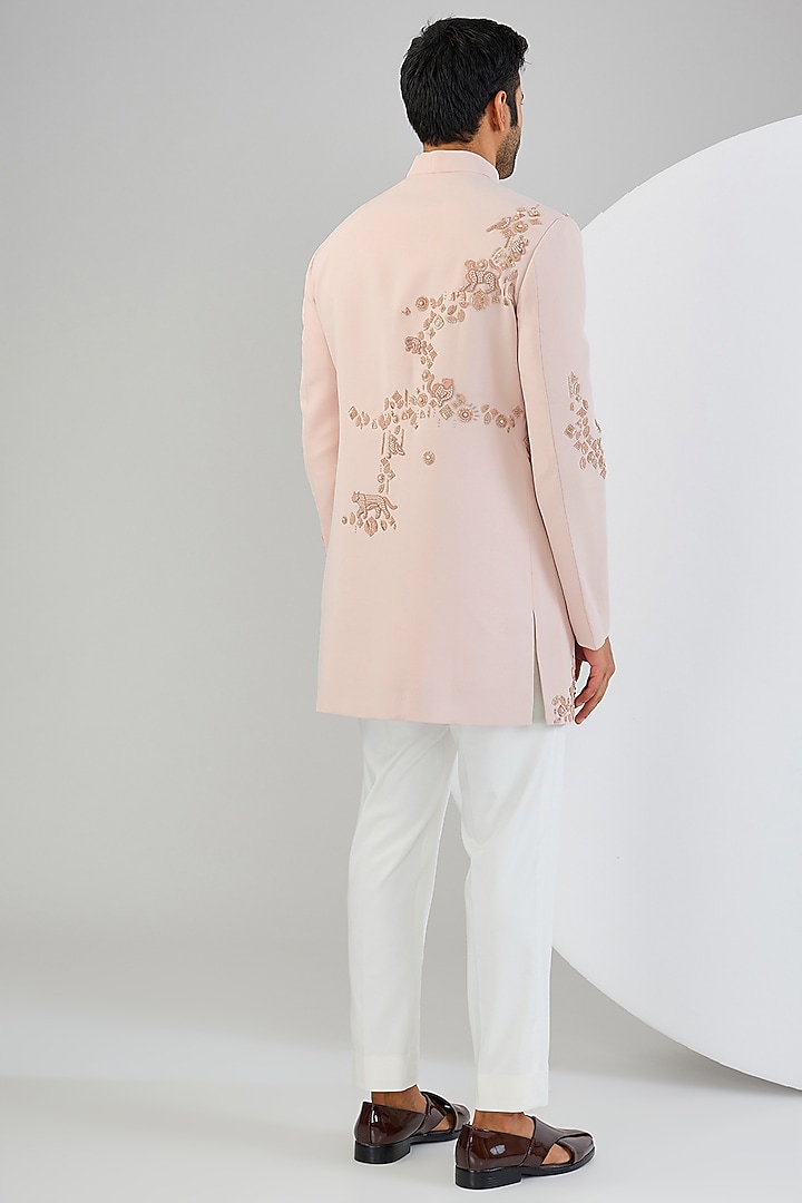 Pink Viscose Suiting Knit Artwork Groom Indowestern Set by Qbik Men at Pernia's Pop Up Shop