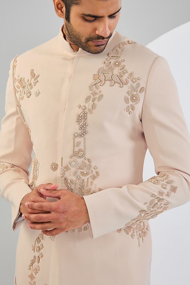 Pink Viscose Suiting Knit Artwork Groom Indowestern Set by Qbik Men at Pernia's Pop Up Shop