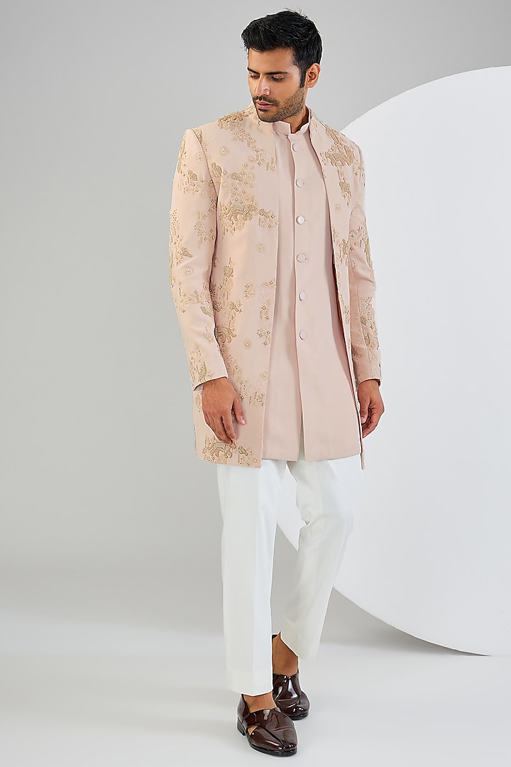 Pink Viscose Suiting Knit Embroidered Indowestern Set by Qbik Men at Pernia's Pop Up Shop