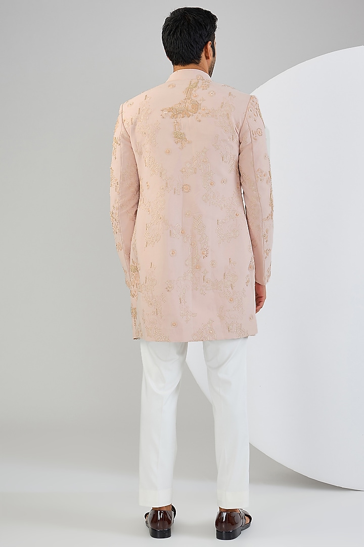Pink Viscose Suiting Knit Embroidered Groom Indowestern Set by Qbik Men at Pernia's Pop Up Shop