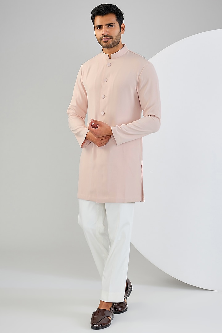 Pink Viscose Suiting Knit Embroidered Groom Indowestern Set by Qbik Men at Pernia's Pop Up Shop