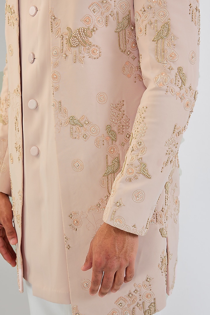 Pink Viscose Suiting Knit Embroidered Groom Indowestern Set by Qbik Men at Pernia's Pop Up Shop