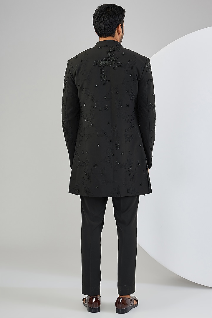 Black Viscose Suiting Knit Embroidered Groom Indowestern Set by Qbik Men at Pernia's Pop Up Shop