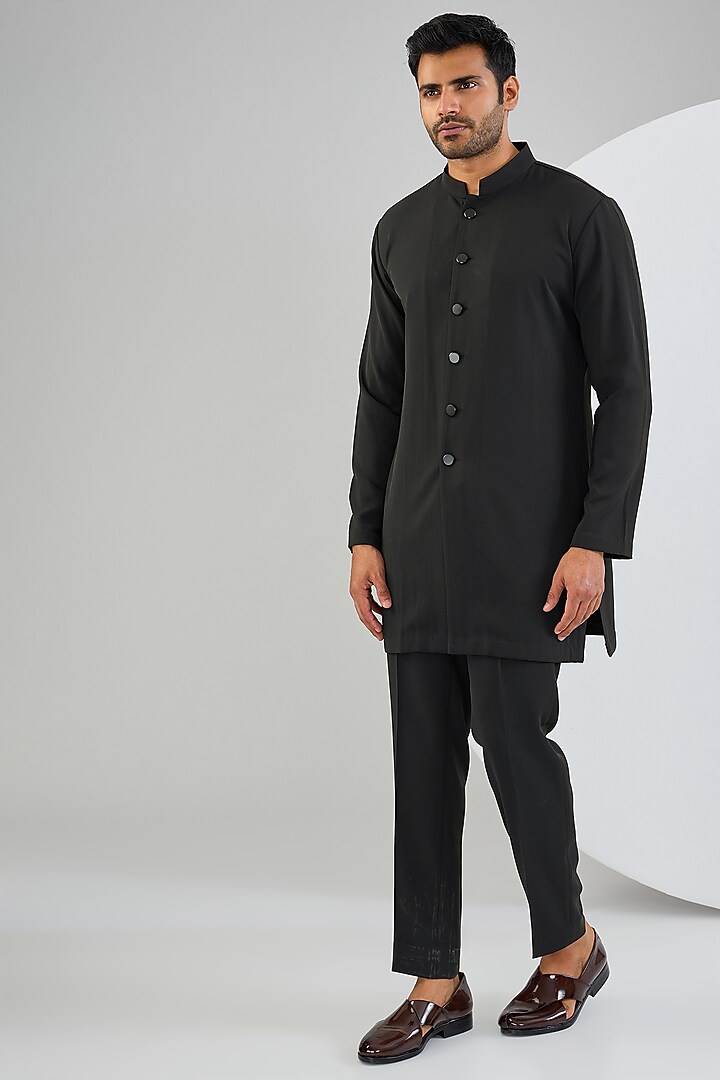 Black Viscose Suiting Knit Embroidered Groom Indowestern Set by Qbik Men at Pernia's Pop Up Shop