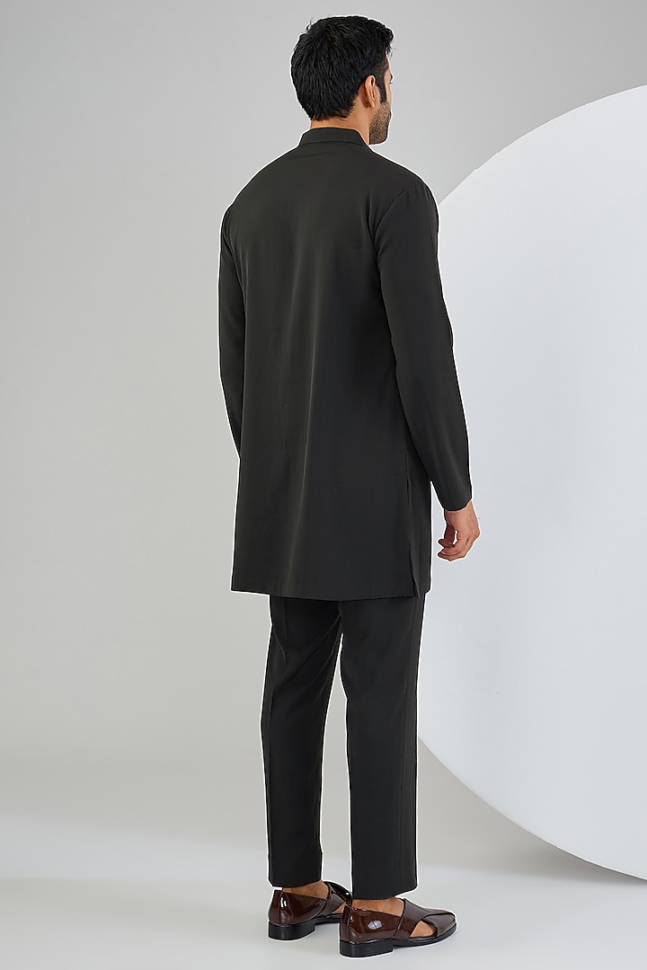 Black Viscose Suiting Knit Embroidered Groom Indowestern Set by Qbik Men at Pernia's Pop Up Shop