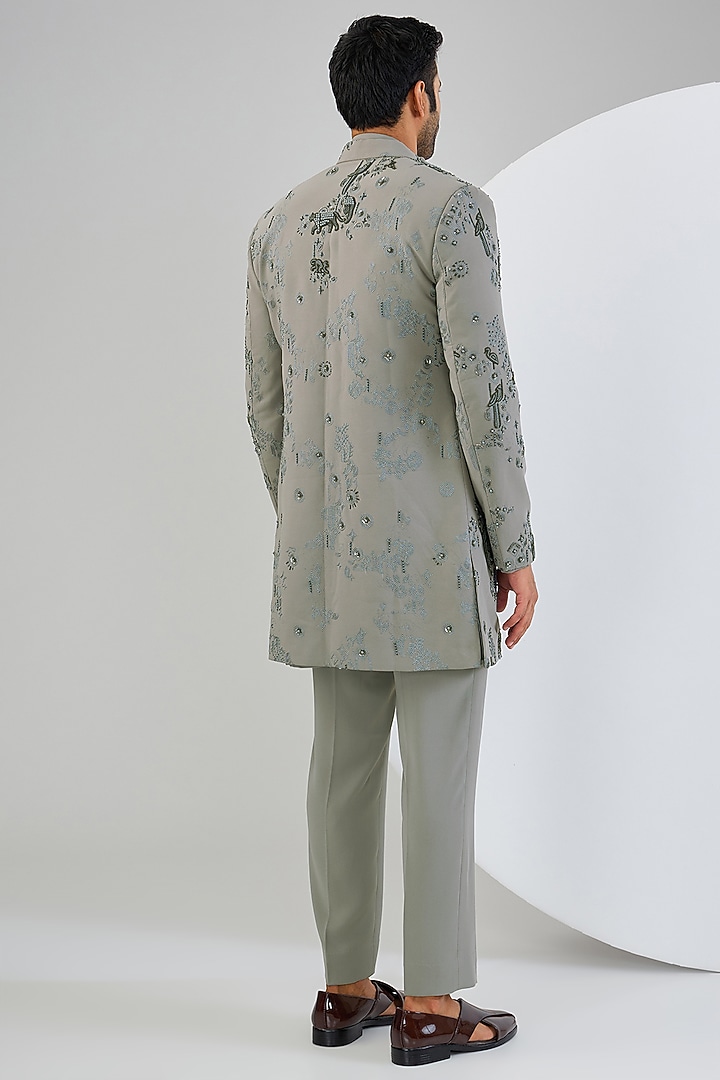 Grey Viscose Suiting Knit Embroidered Groom Indowestern Set by Qbik Men at Pernia's Pop Up Shop