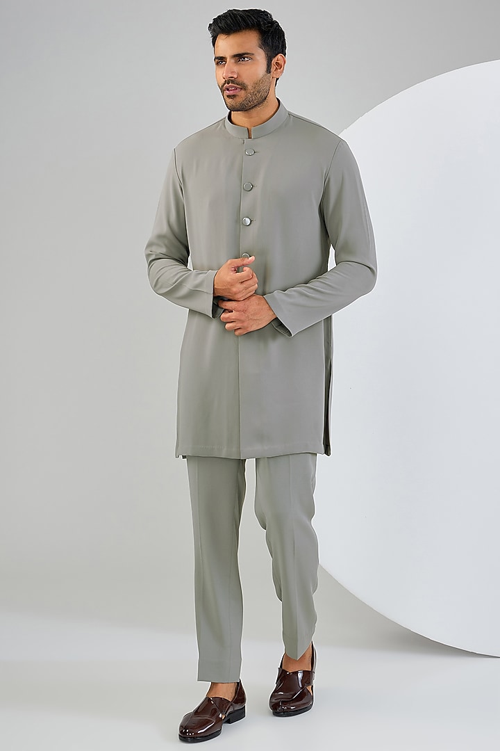 Grey Viscose Suiting Knit Embroidered Groom Indowestern Set by Qbik Men at Pernia's Pop Up Shop