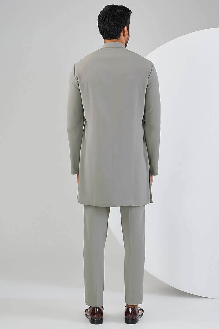 Grey Viscose Suiting Knit Embroidered Groom Indowestern Set by Qbik Men at Pernia's Pop Up Shop