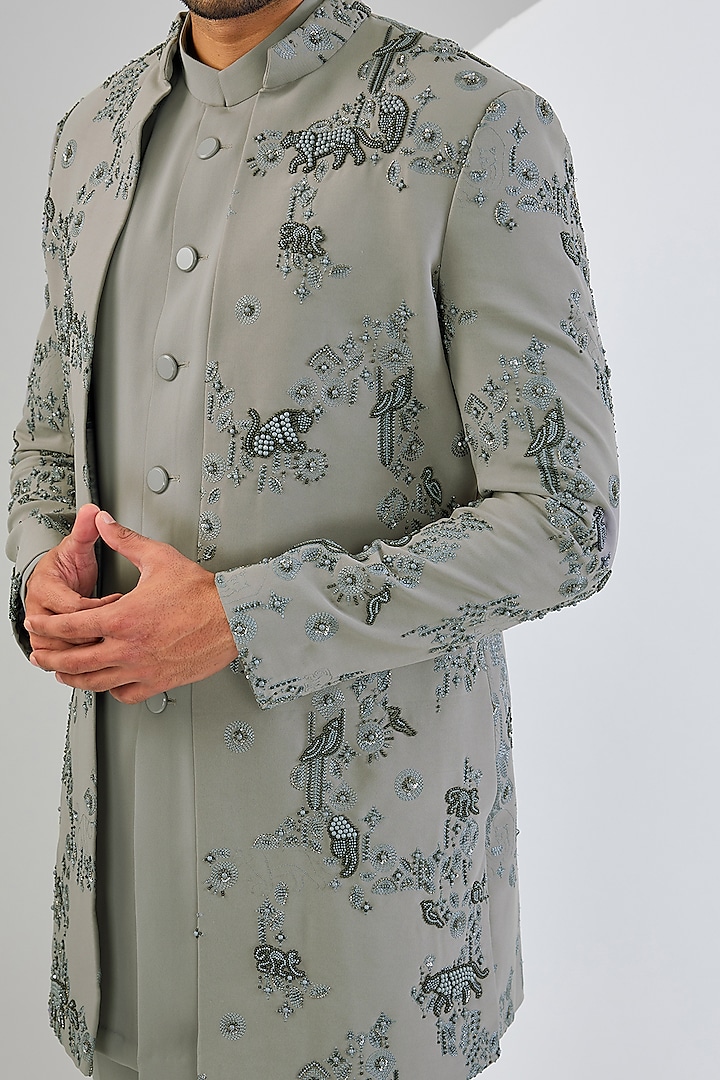 Grey Viscose Suiting Knit Embroidered Groom Indowestern Set by Qbik Men at Pernia's Pop Up Shop