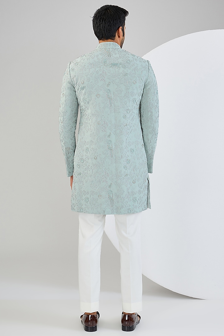 Mint Viscose Suiting Knit Embroidered Groom Indowestern Set by Qbik Men at Pernia's Pop Up Shop