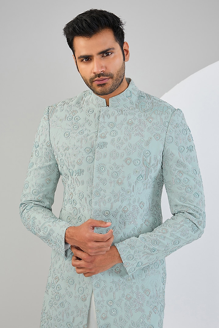 Mint Viscose Suiting Knit Embroidered Groom Indowestern Set by Qbik Men at Pernia's Pop Up Shop