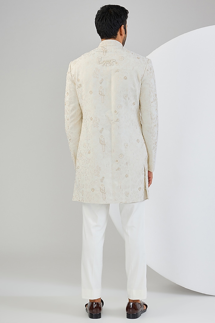 Ivory Viscose Suiting Knit Embroidered Groom Indowestern Set by Qbik Men at Pernia's Pop Up Shop