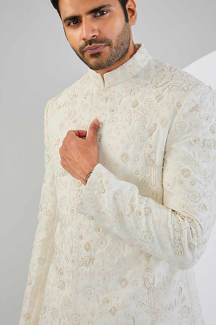 Ivory Viscose Suiting Knit Embroidered Groom Indowestern Set by Qbik Men at Pernia's Pop Up Shop