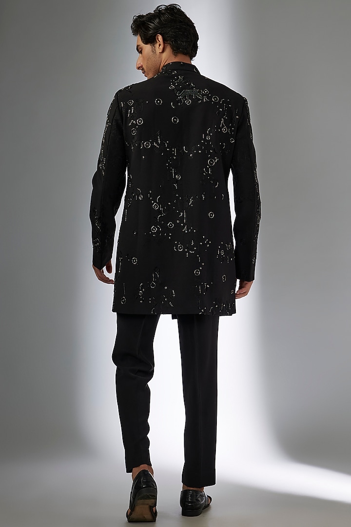 Black Viscose Suiting Artwork Embellished Indowestern Set by Qbik Men at Pernia's Pop Up Shop