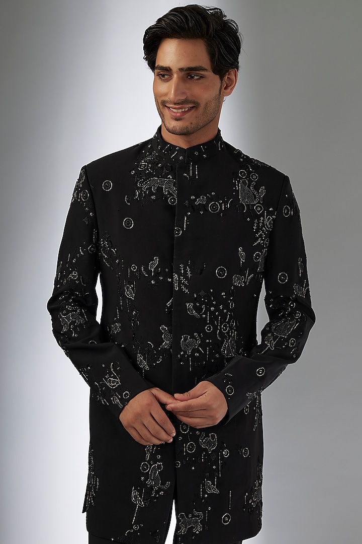 Black Viscose Suiting Artwork Embellished Indowestern Set by Qbik Men at Pernia's Pop Up Shop