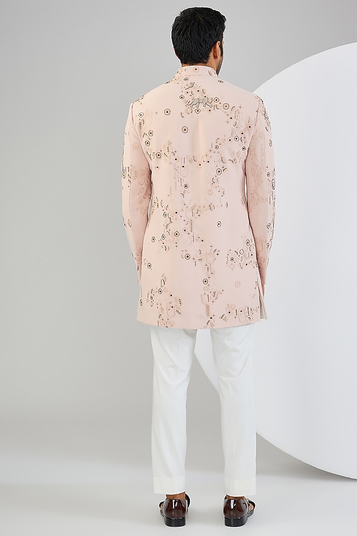 Pink Viscose Suiting Knit Artwork Groom Indowestern Set by Qbik Men at Pernia's Pop Up Shop