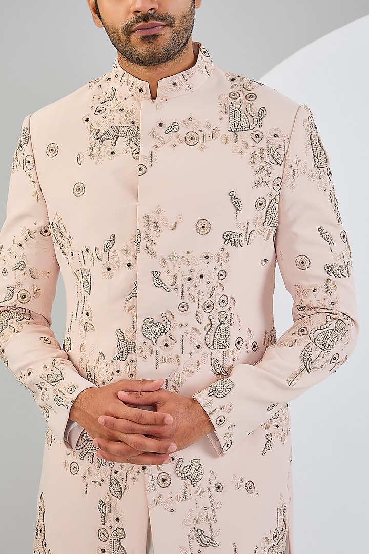 Pink Viscose Suiting Knit Artwork Groom Indowestern Set by Qbik Men at Pernia's Pop Up Shop