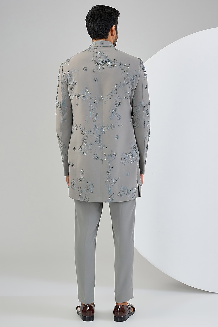 Grey Viscose Suiting Knit Artwork Groom Indowestern Set by Qbik Men at Pernia's Pop Up Shop