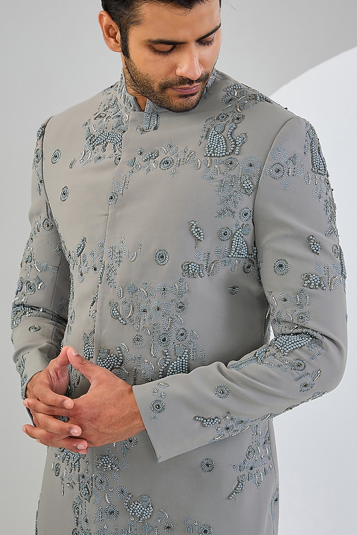 Grey Viscose Suiting Knit Artwork Groom Indowestern Set by Qbik Men at Pernia's Pop Up Shop