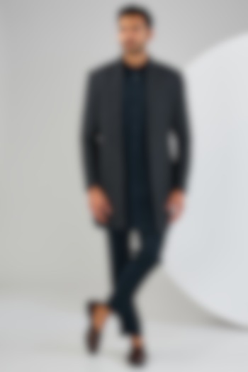 Navy Blue Silk Hand Embroidered Groom Indowestern Jacket Set by Qbik Men at Pernia's Pop Up Shop