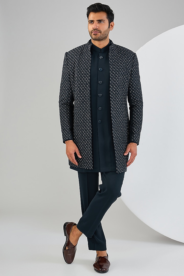 Navy Blue Silk Hand Embroidered Groom Indowestern Jacket Set by Qbik Men at Pernia's Pop Up Shop