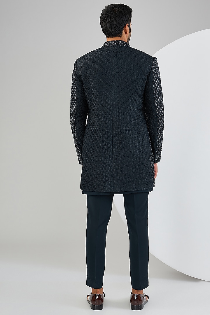 Navy Blue Silk Hand Embroidered Groom Indowestern Jacket Set by Qbik Men at Pernia's Pop Up Shop