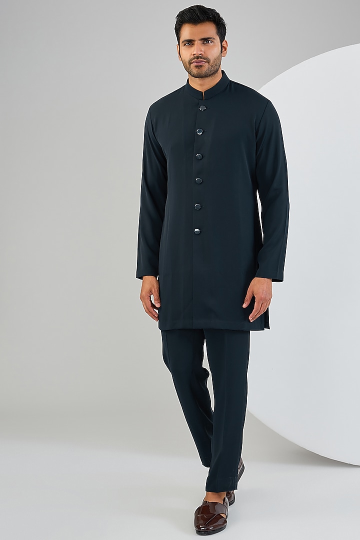 Navy Blue Silk Hand Embroidered Groom Indowestern Jacket Set by Qbik Men at Pernia's Pop Up Shop