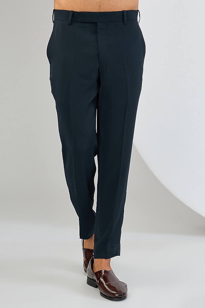 Navy Blue Silk Hand Embroidered Groom Indowestern Jacket Set by Qbik Men at Pernia's Pop Up Shop