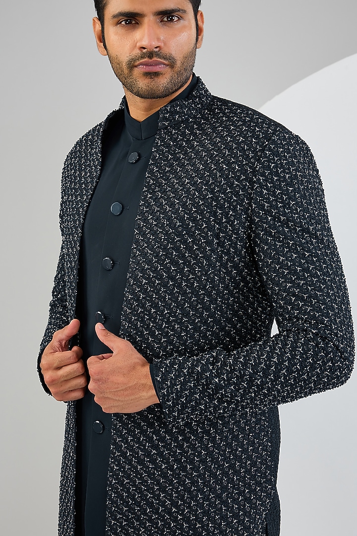 Navy Blue Silk Hand Embroidered Groom Indowestern Jacket Set by Qbik Men at Pernia's Pop Up Shop
