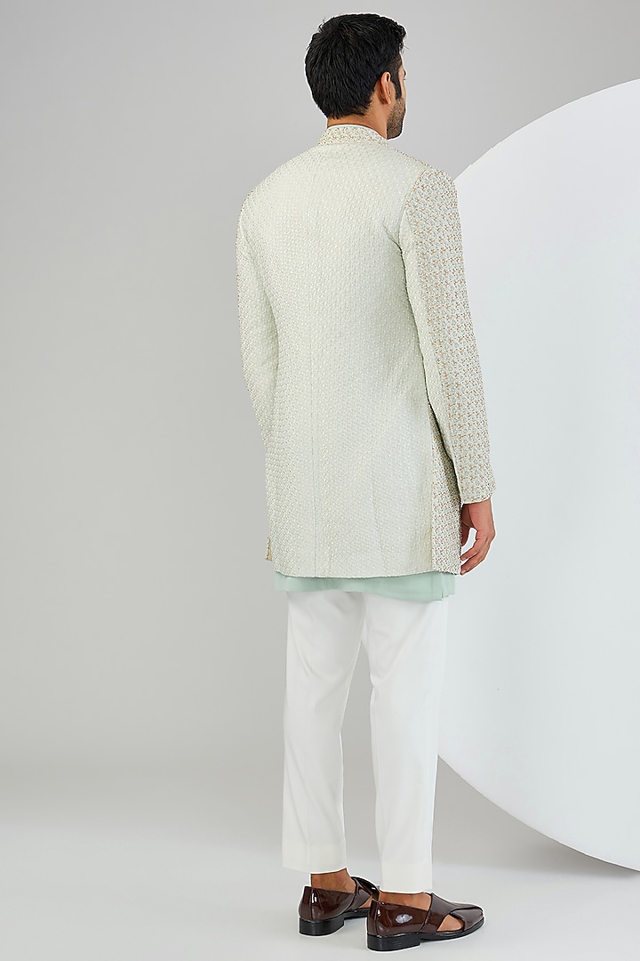 Blue Silk Hand Embroidered Groom Indowestern Jacket Set by Qbik Men at Pernia's Pop Up Shop