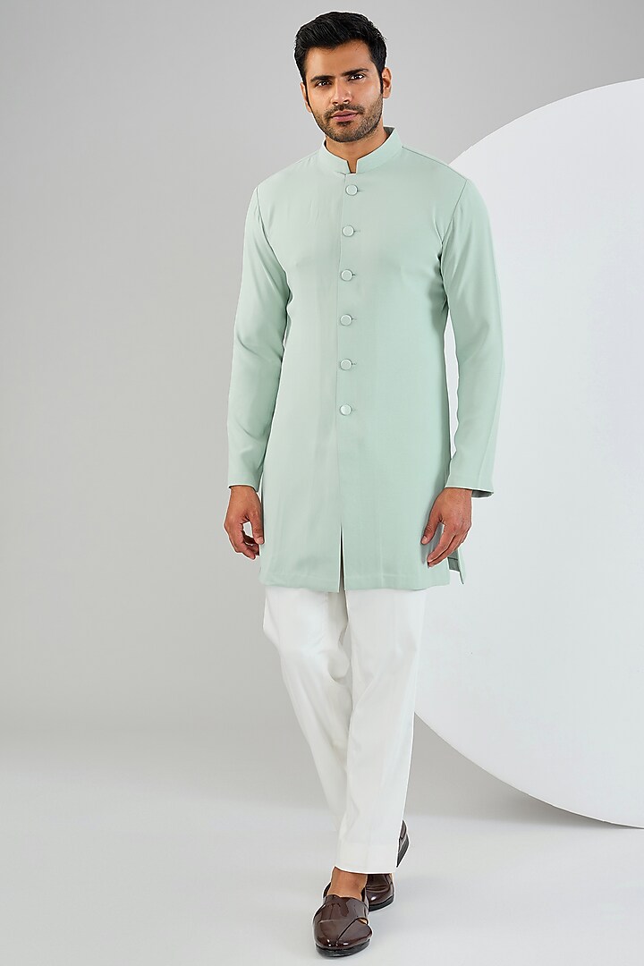 Blue Silk Hand Embroidered Groom Indowestern Jacket Set by Qbik Men at Pernia's Pop Up Shop