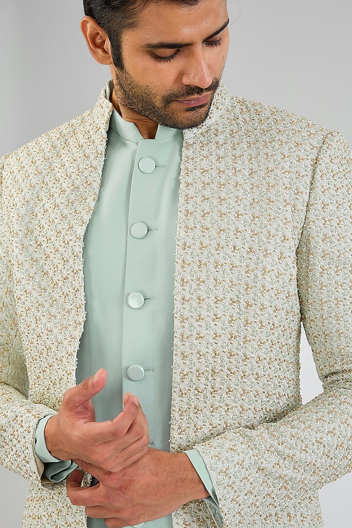 Blue Silk Hand Embroidered Groom Indowestern Jacket Set by Qbik Men at Pernia's Pop Up Shop