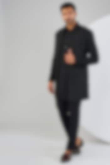 Black Silk Hand Embroidered Groom Indowestern Jacket Set by Qbik Men at Pernia's Pop Up Shop