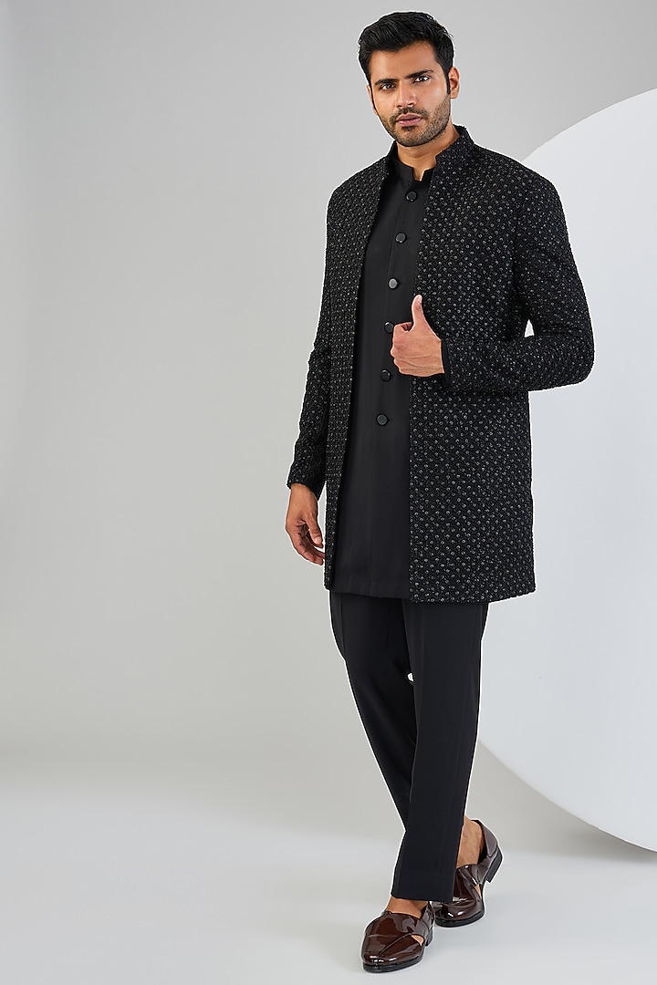 Black Silk Hand Embroidered Groom Indowestern Jacket Set by Qbik Men at Pernia's Pop Up Shop