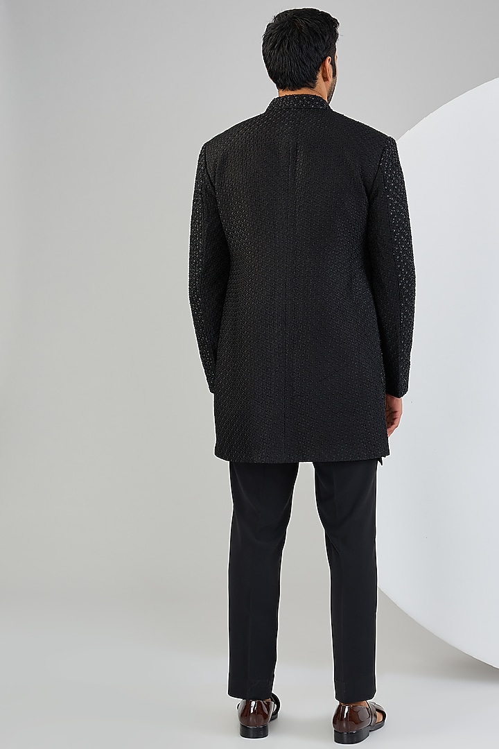 Black Silk Hand Embroidered Groom Indowestern Jacket Set by Qbik Men at Pernia's Pop Up Shop