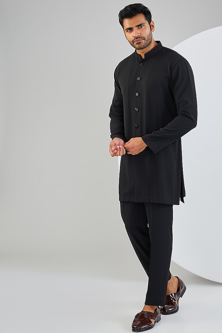 Black Silk Hand Embroidered Groom Indowestern Jacket Set by Qbik Men at Pernia's Pop Up Shop